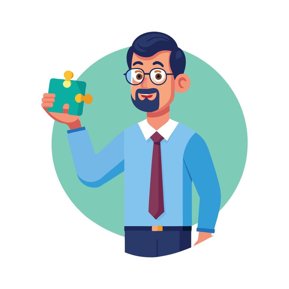 Inspiring Teacher Presenting Small Puzzle Piece for Learning vector