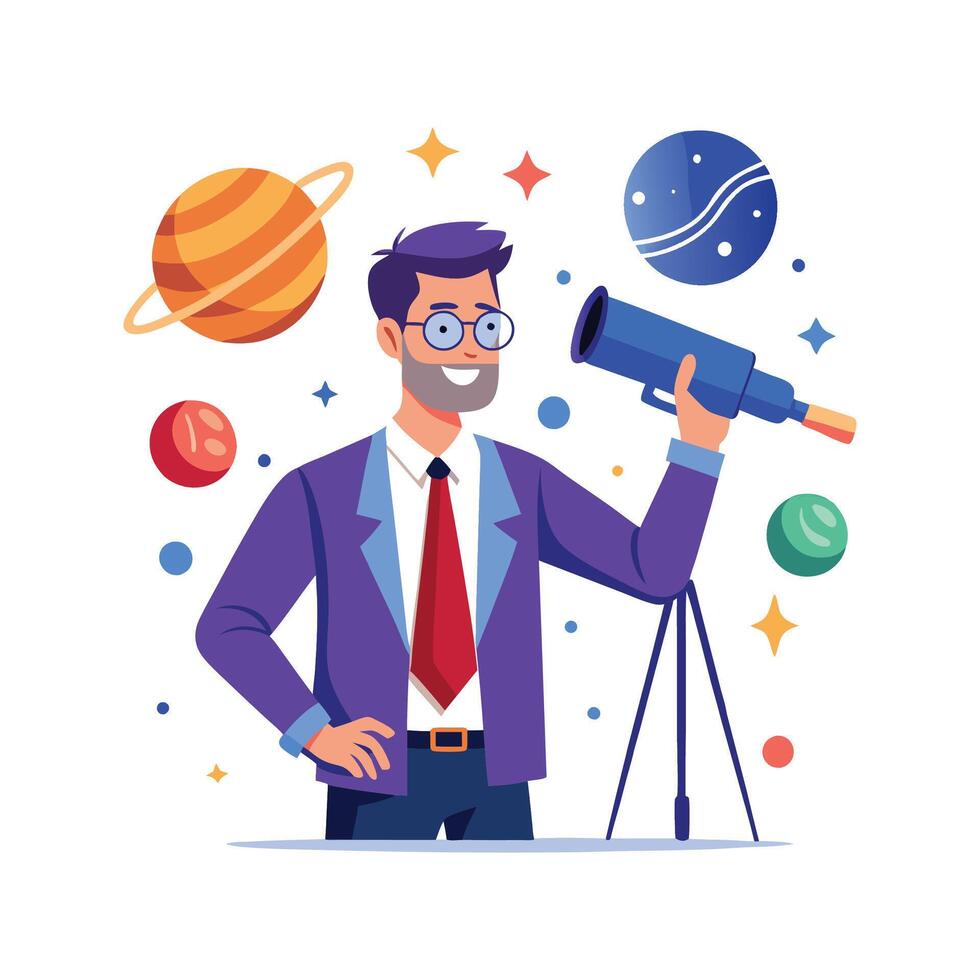 Educator Demonstrating Stargazing Techniques with Telescope vector