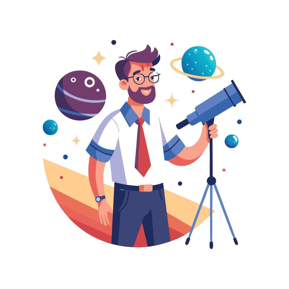 Teacher Using Telescope to Explore the Universe vector