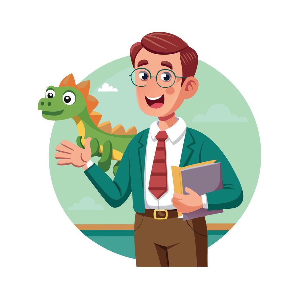 Male Teacher Using Dinosaur Toy for Teaching vector
