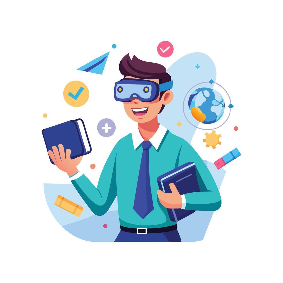 Teacher Demonstrating VR Technology in Class vector