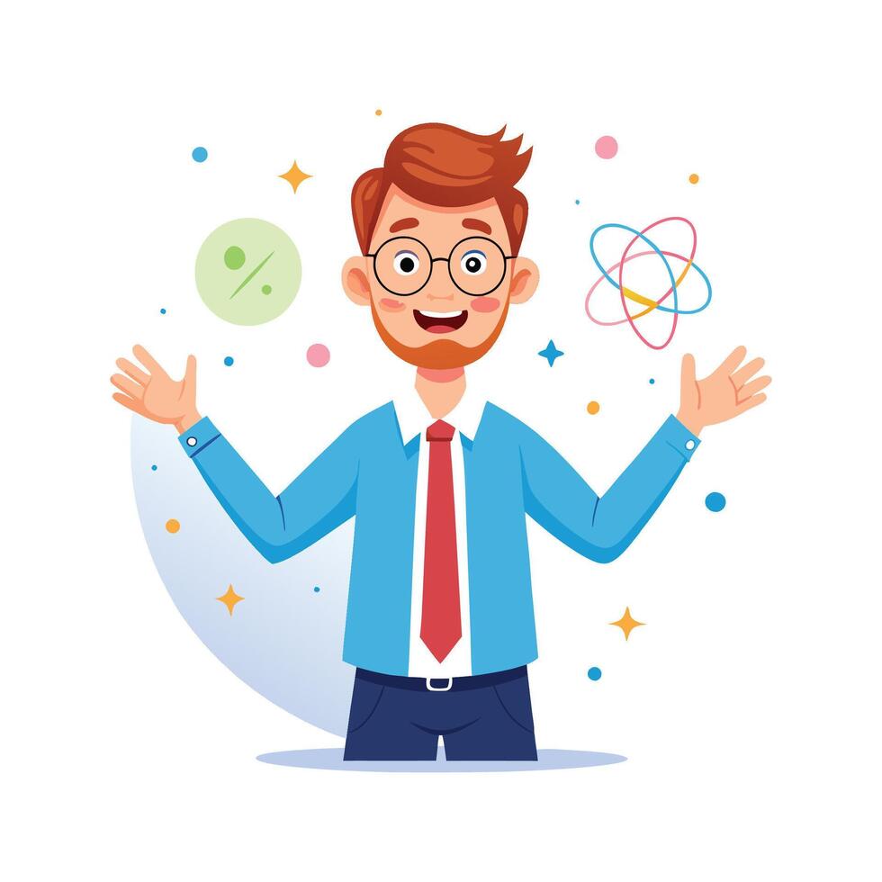 Male Teacher Demonstrating Science with Hand Gestures vector