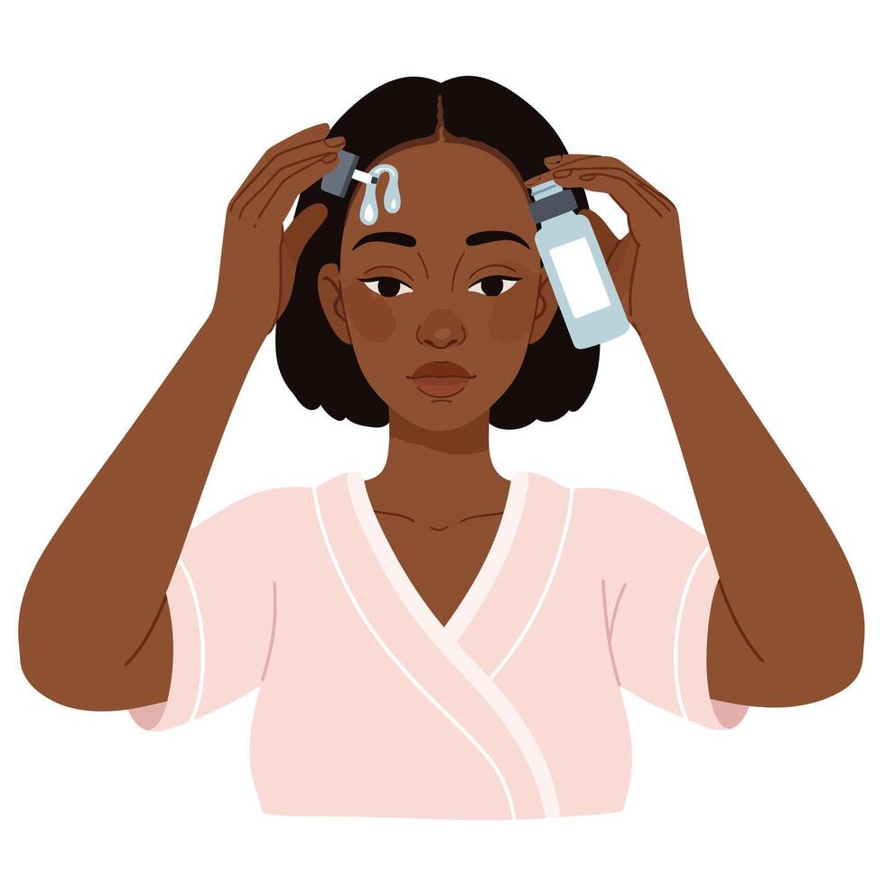 A Female Applying Hair Loss Treatment Serum to Her Scalp vector