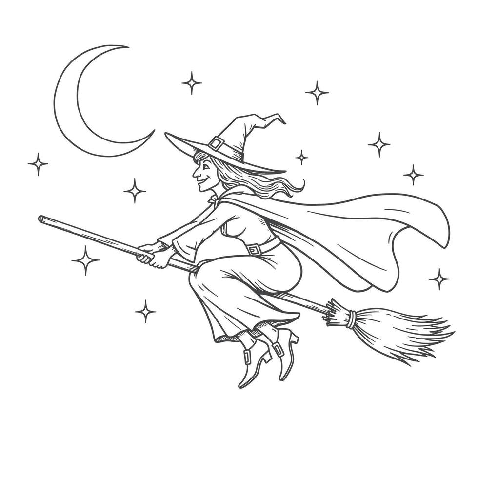 A witch flying on a broom with the moon in the background vector