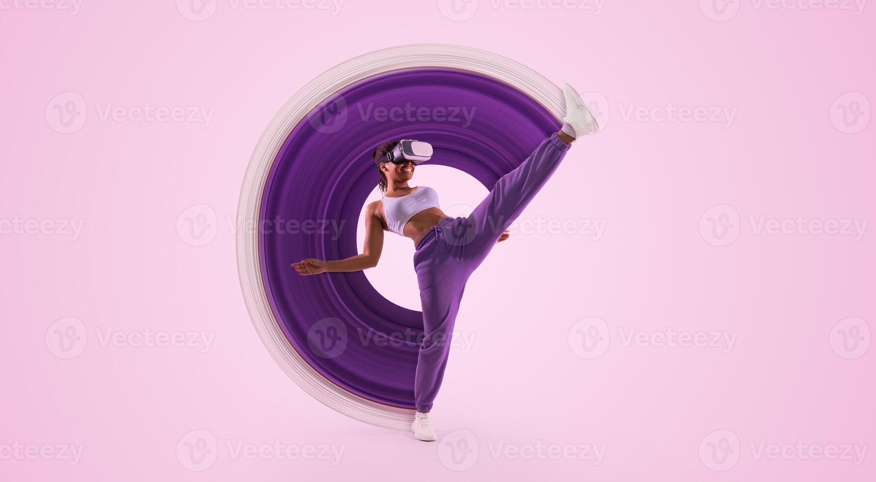 Fit African American woman exercising in the metaverse, throwing a kick mid air while wearing virtual reality goggles, pink neon background. Lady exploring virtual reality games photo