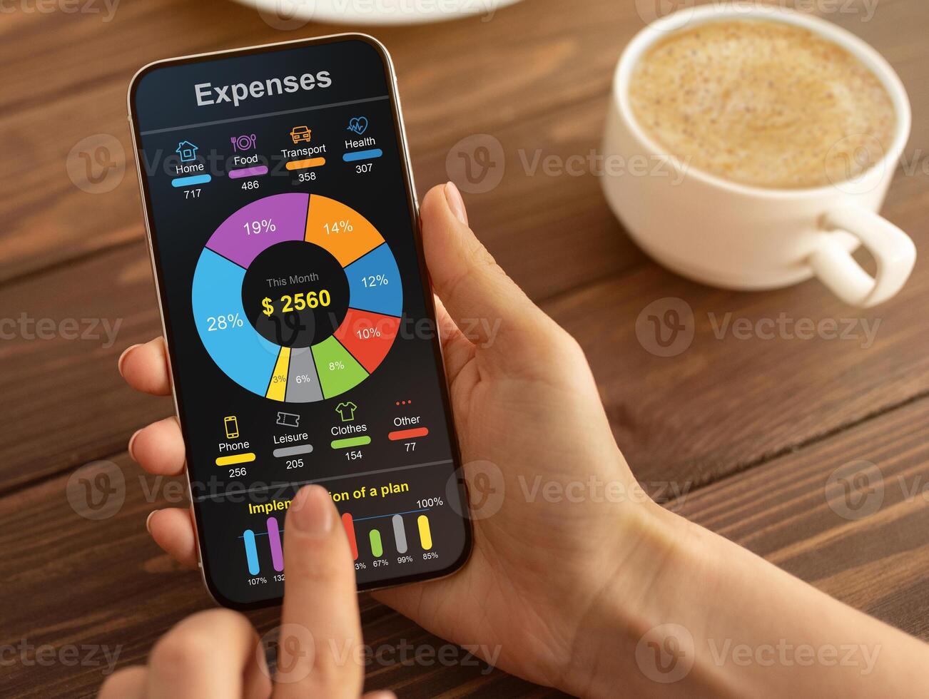 Mobile Phone App For Money, Budget And Expense Tracking concept. Unrecognizable woman checking her monthly expenses on smartphone while drinking coffee at cafe, cropped, collage photo