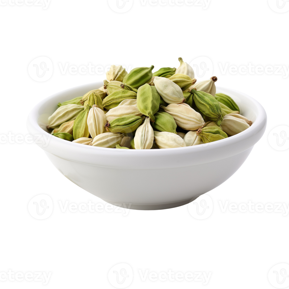 Cardamom pods in white bowl isolated on transparent background png