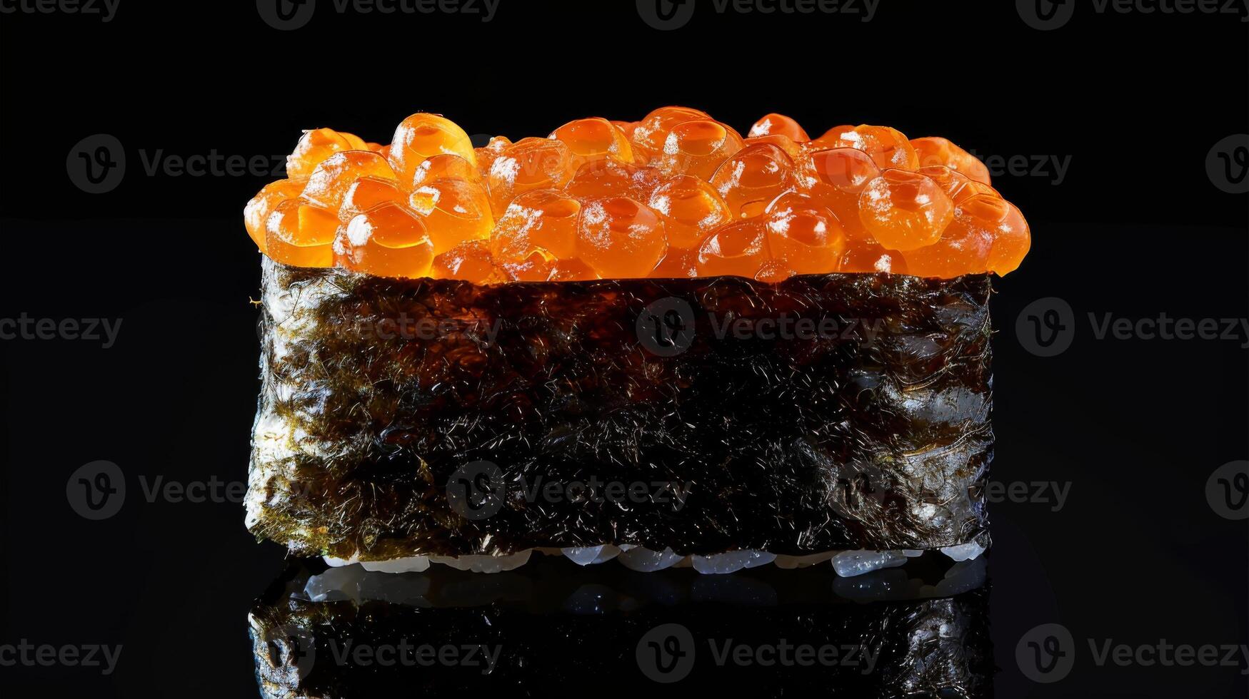 Sushi with a layer of rich, shiny fish roe sits elegantly on a sleek black surface, reflecting the delicate craftsmanship of Japanese culinary traditions. photo