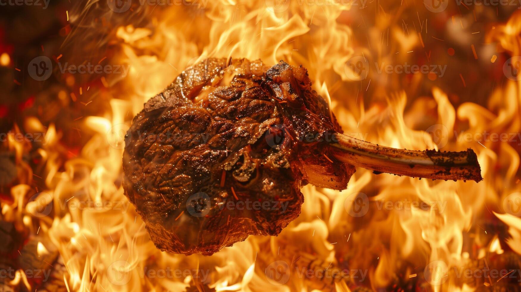 A large steak cooks over roaring flames in a backyard, surrounded by warm colors of the evening sky. The scene embodies the excitement of a summer barbecue gathering with friends. photo