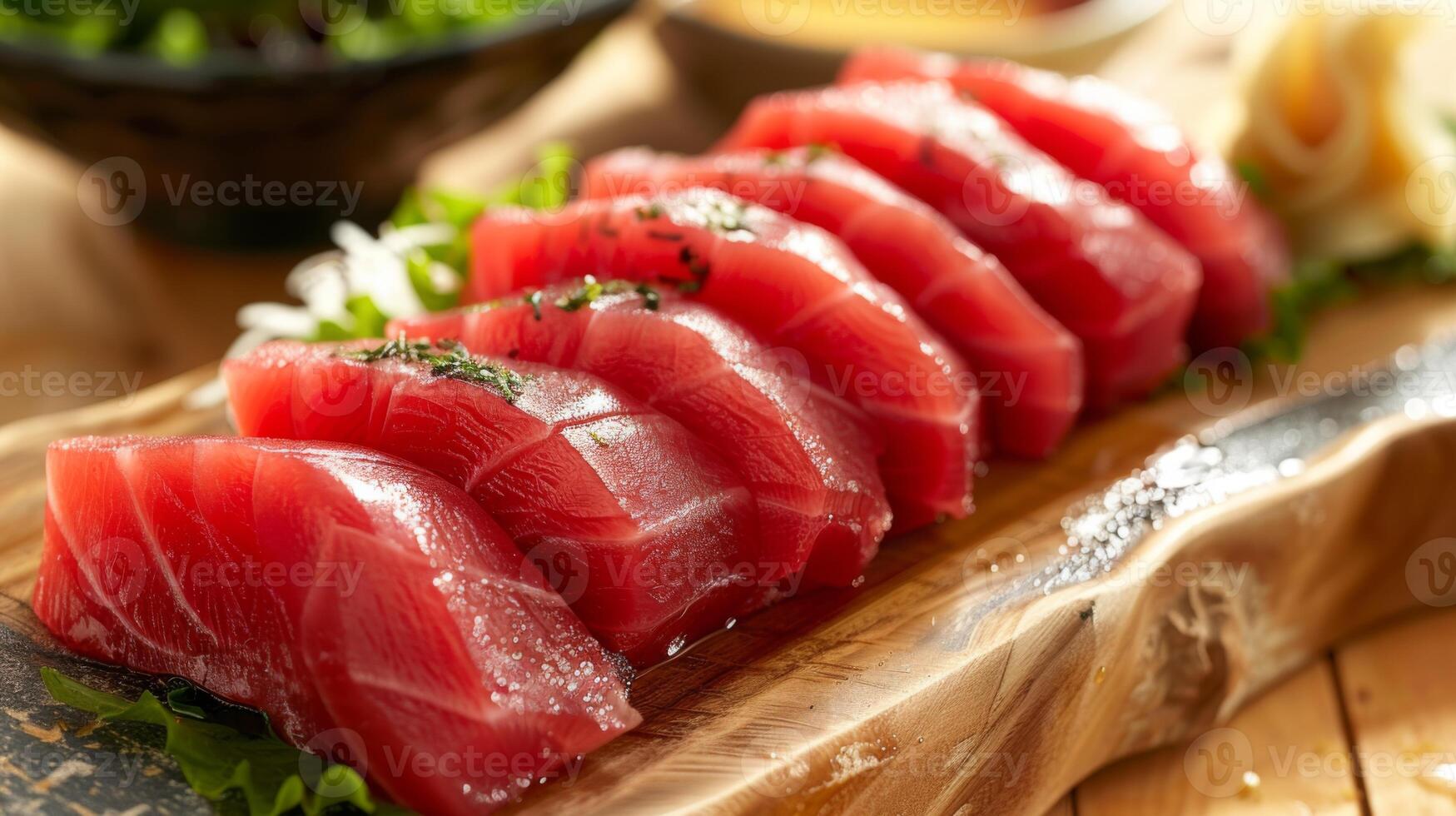 Delicate slices of vibrant tuna sashimi are beautifully arranged on a wooden platter, accompanied by fresh garnishes and sauces in a serene Japanese dining atmosphere. photo