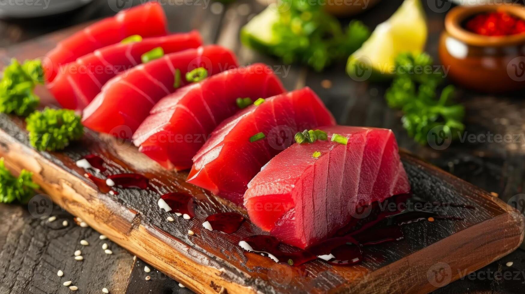 Slices of bright red tuna sashimi are artfully arranged on a wooden platter, garnished with herbs and served with sauces and lemon wedges in a contemporary dining atmosphere. photo