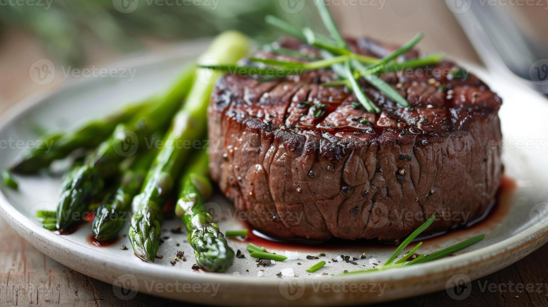 A grilled steak rests on a plate, accompanied by bright green asparagus and garnished with fresh herbs, showcasing a delicious meal setting. photo
