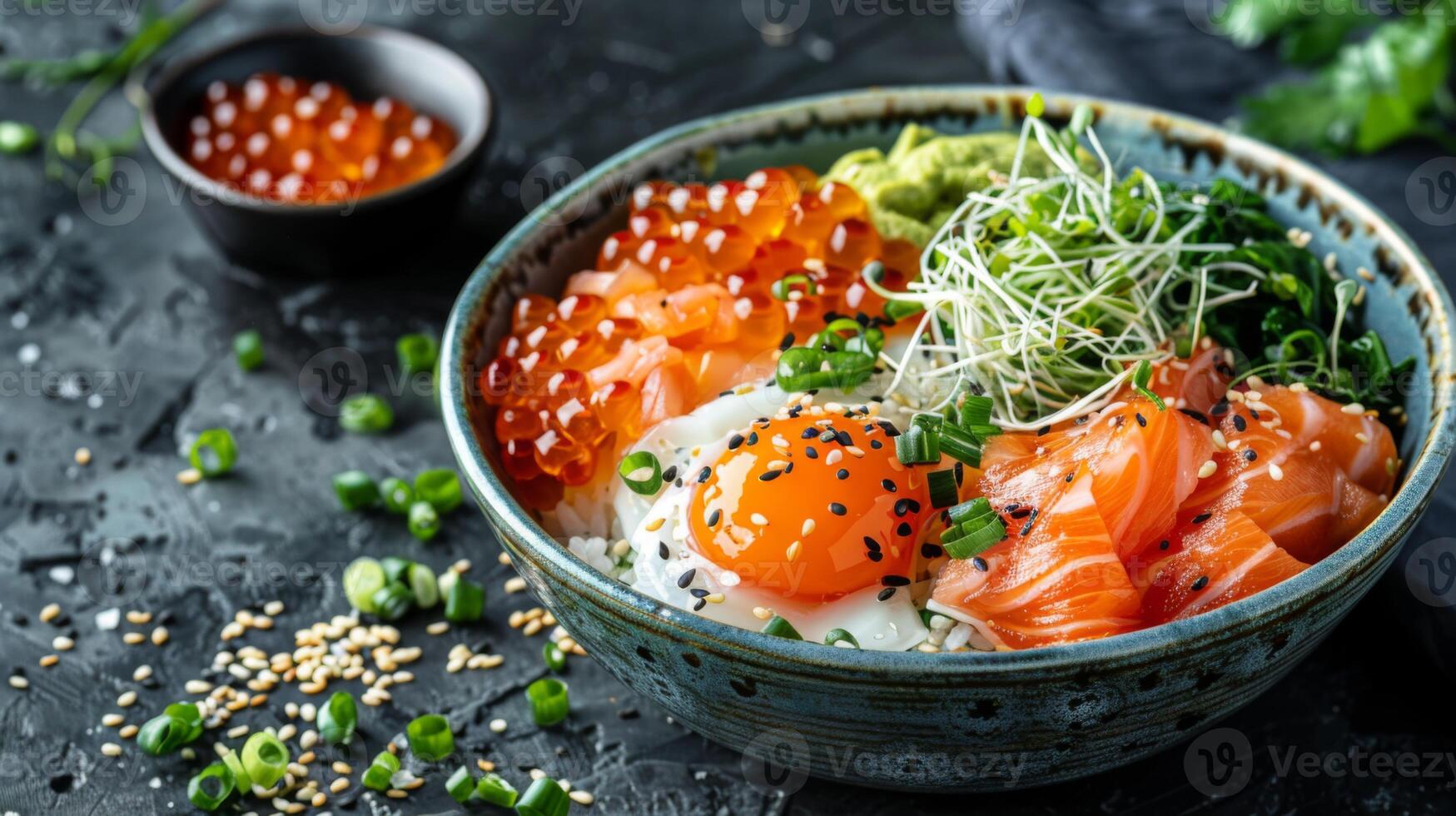 A beautifully arranged sushi bowl features salmon sashimi, avocado, a perfectly cooked egg, and fresh greens. The dish is garnished with scallions and sesame seeds, creating an appetizing look. photo