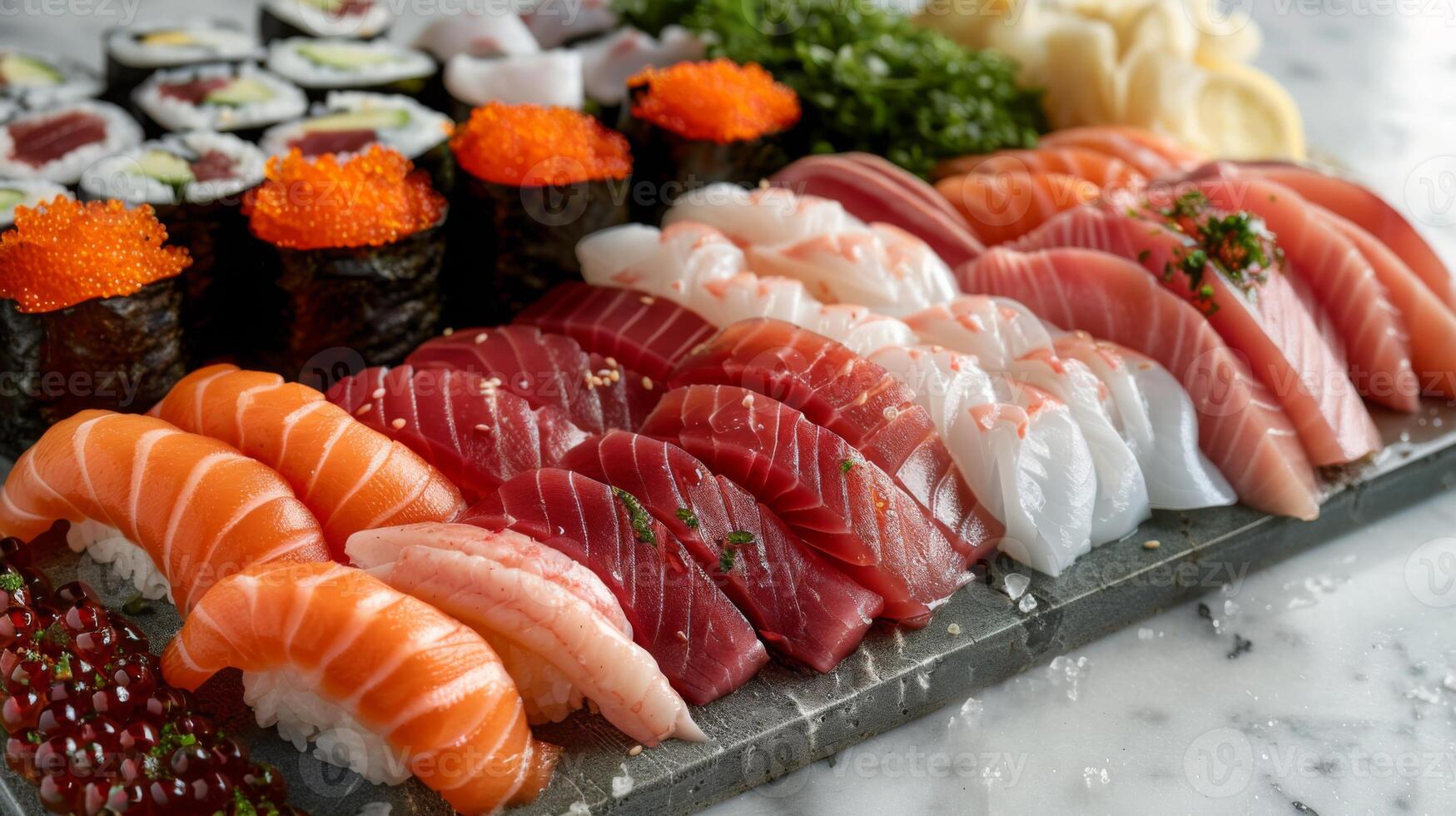 A variety of sushi is artfully arranged on a stone plate. The display includes different types of sashimi, rolls, and garnishes, creating a vibrant culinary experience. photo
