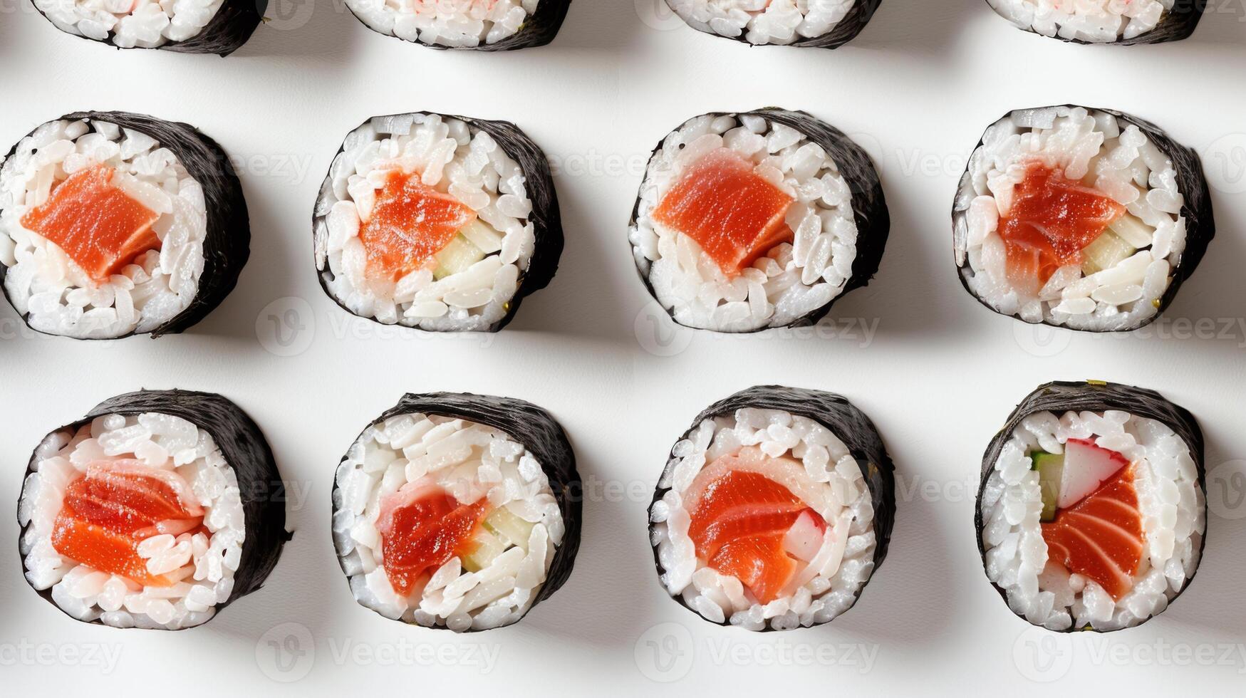 Fresh sushi rolls are displayed in an organized pattern on a white plate, featuring a mix of fish, rice, and vegetables, highlighting their vibrant colors and appealing presentation. photo