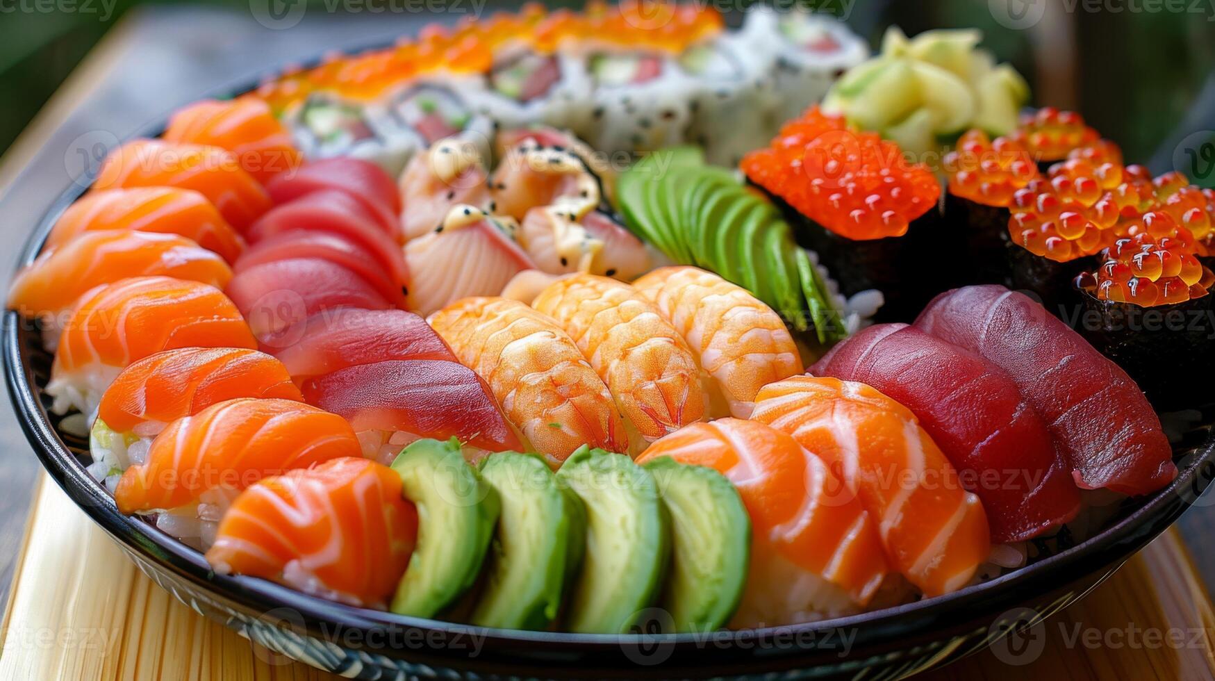 A beautifully arranged platter showcases a variety of sushi and sashimi, featuring fresh fish, colorful toppings, and garnishes, perfect for avid sushi lovers. photo