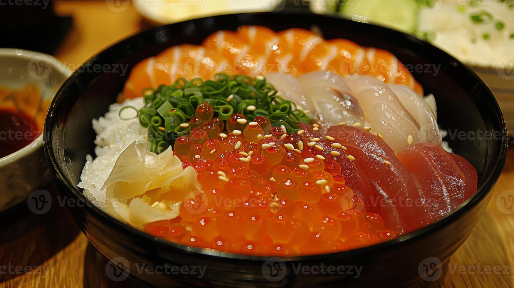 A bowl filled with an assortment of colorful sashimi, including salmon, tuna, and roe, is presented over white rice garnished with green onions and pickled vegetables in a Japanese restaurant setting. photo