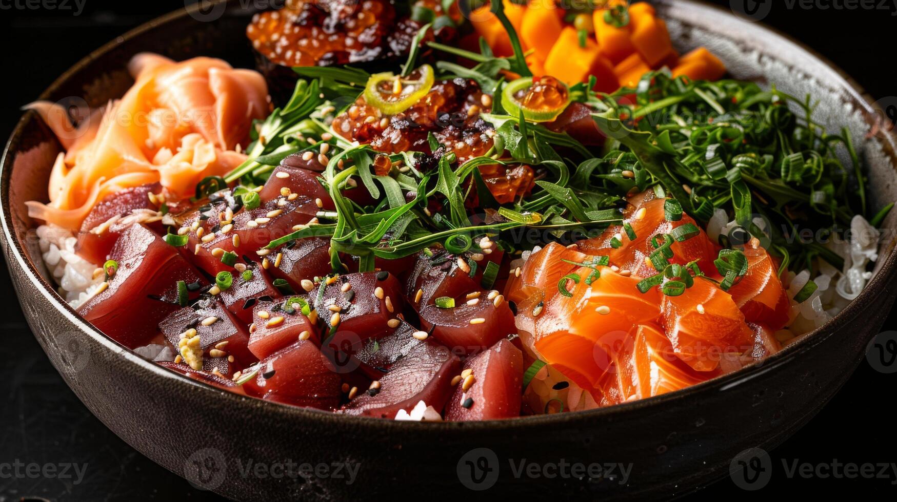 A colorful sashimi bowl showcases an assortment of fresh fish including salmon and tuna, paired with greens, garnishes, and sauces, presented beautifully on a bed of rice. photo