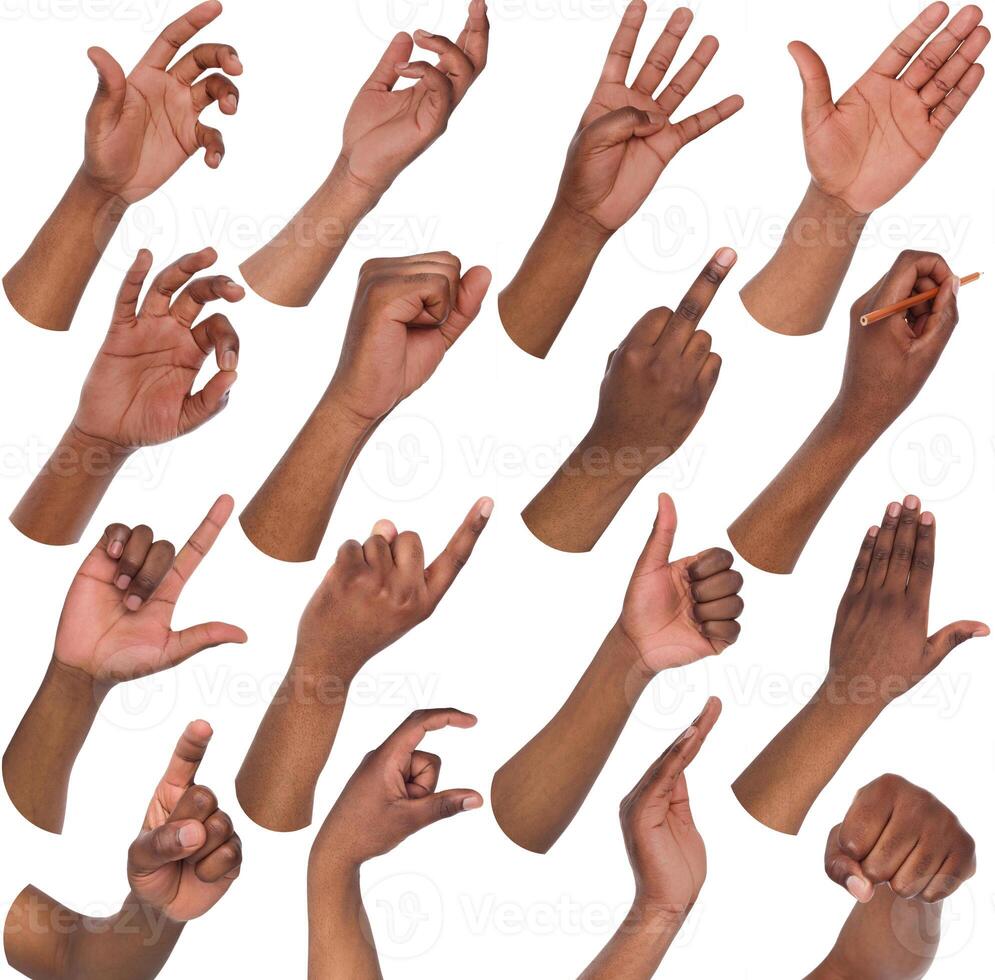 African-american man hands showing symbols and gestures, like, offering, ok, writing, isolated on white background. Set of male hands. photo