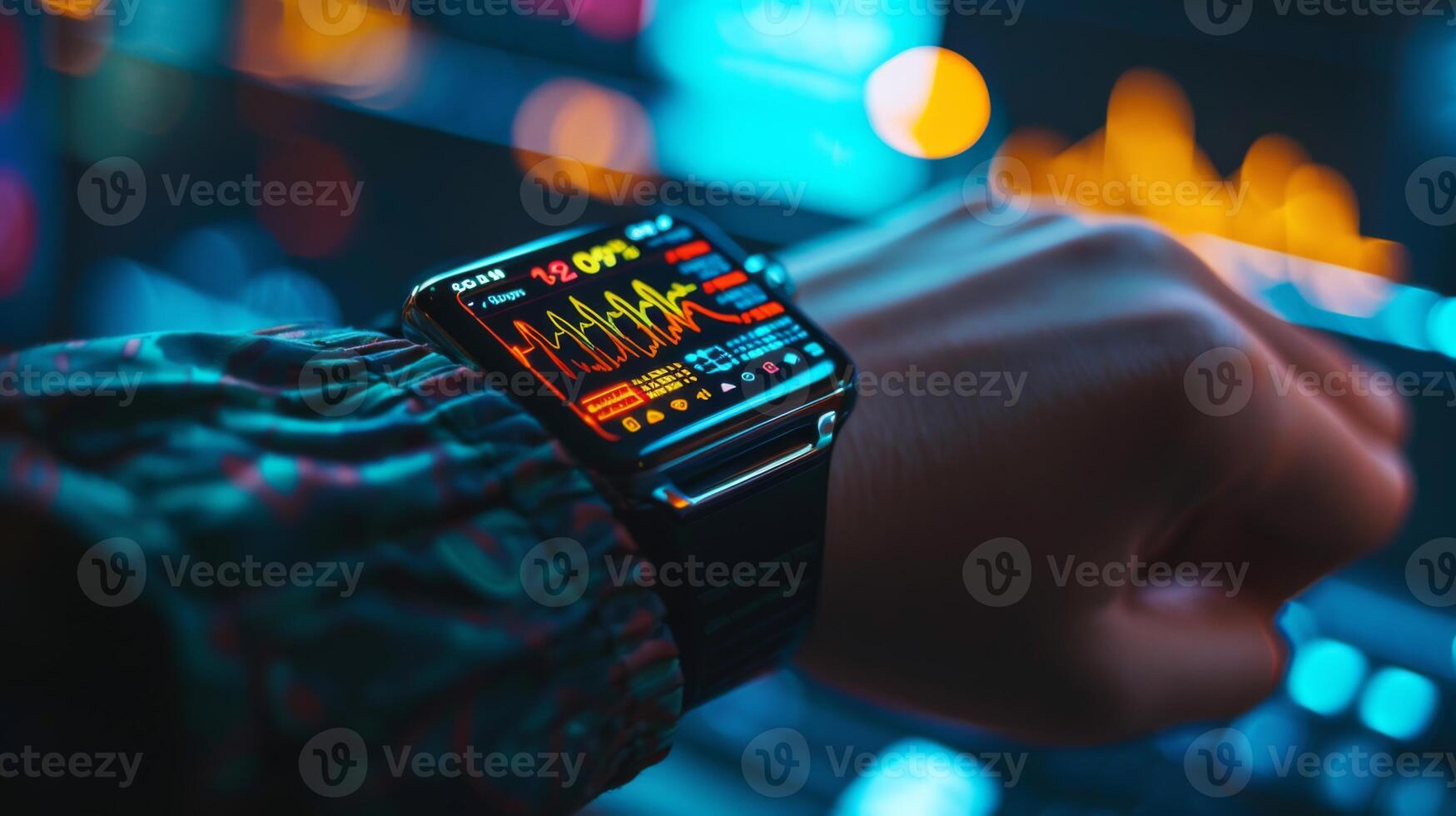 A person examines their smartwatch showing heart rate data and health metrics in bright colors, surrounded by a dynamic technology environment at night. photo