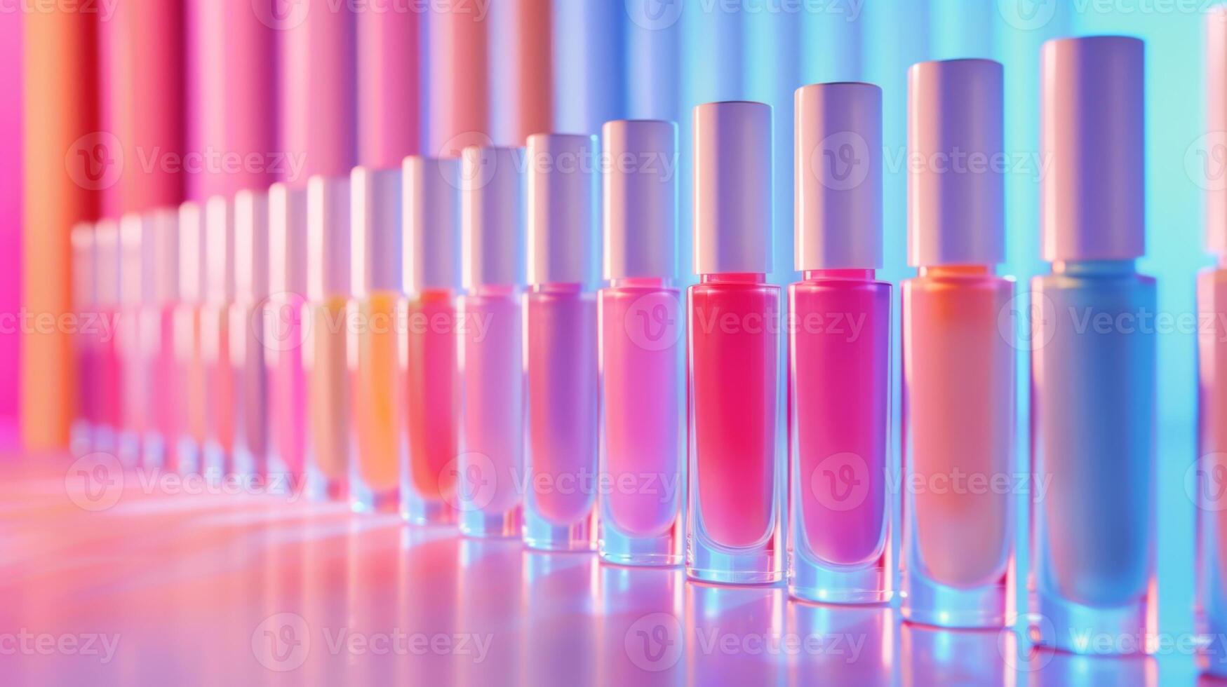 A collection of nail polish bottles is lined up in a striking gradient. Bright pastel colors reflect a playful and artistic atmosphere, suitable for beauty enthusiasts. photo