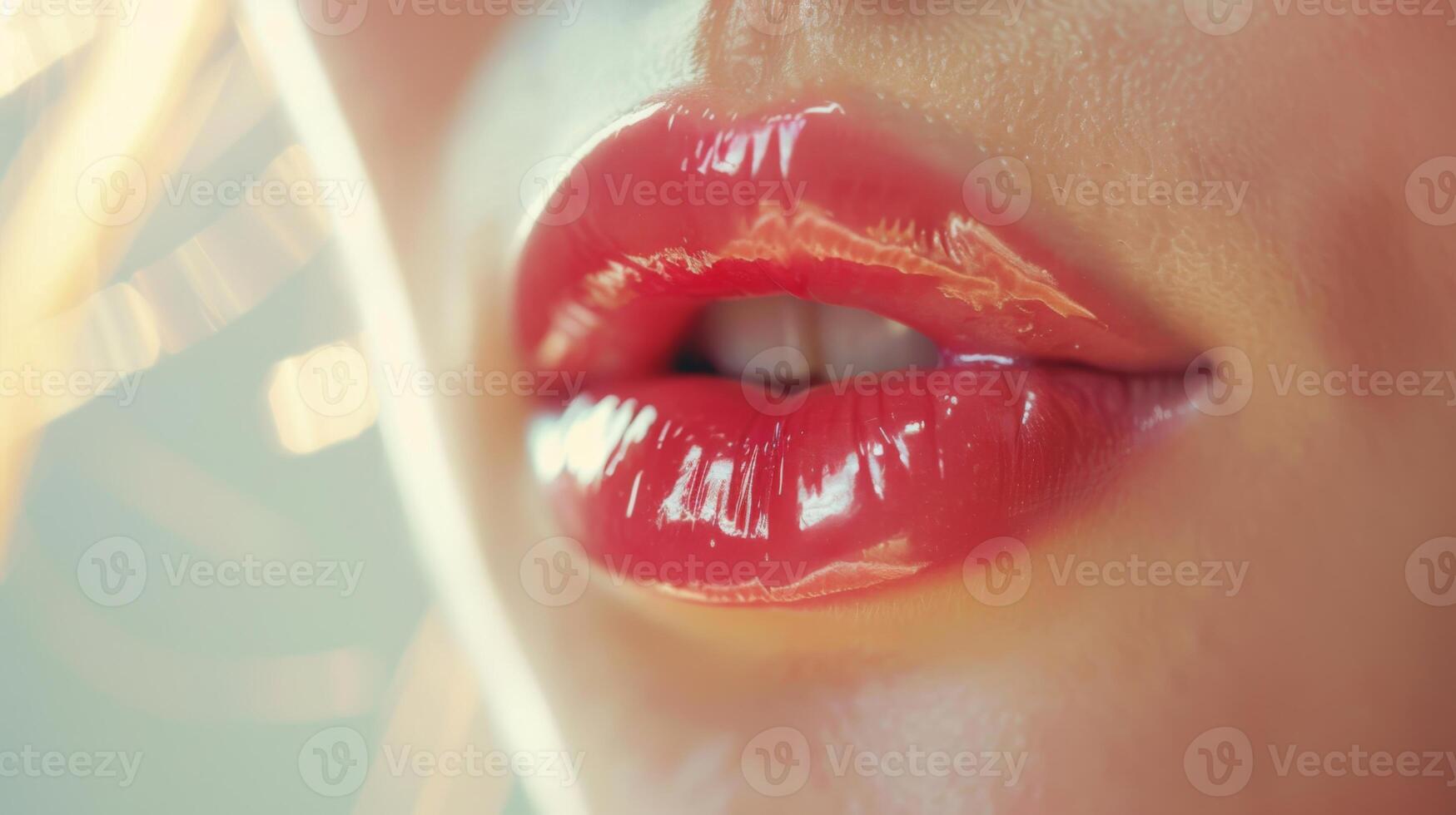 Soft lighting highlights shiny red lips, emphasizing their plumpness and glossiness, creating an eye catching and alluring appearance. photo