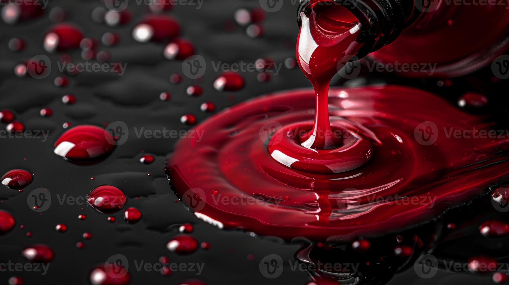 Red paint flowing from a bottle forms smooth ripples on a black background, creating an eye catching contrast and inviting artistic expression. The drops add depth and texture to the design. photo