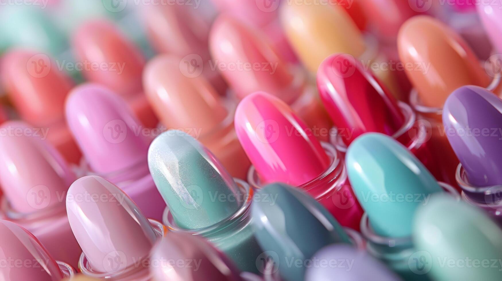 An array of nail polish bottles showcases various colors and finishes, neatly organized on display at a beauty store. The setting is bright and inviting, perfect for shoppers. photo