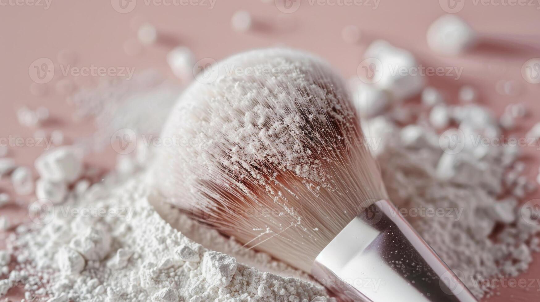 A makeup brush lies gently on a bed of loose powder, highlighting the artistry of cosmetic application. The soft bristles collect the powder, showcasing beauty tools during a routine. photo