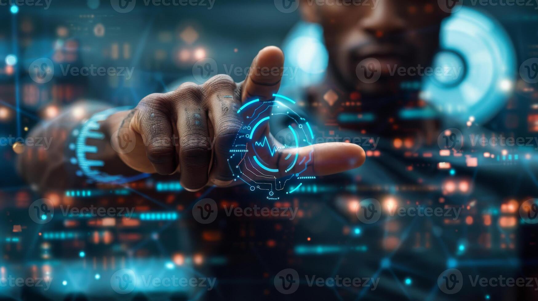 An individual interacts with a glowing digital interface, demonstrating advanced technology skills in a high tech environment filled with data visuals and graphical elements. photo
