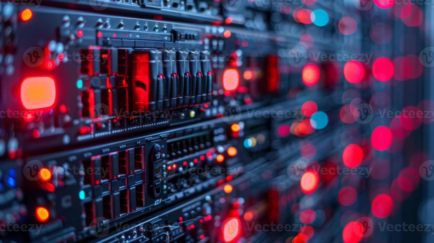 High performance servers are lined up in a data center, illuminated by vibrant red lights, displaying the heartbeat of digital infrastructure during the night. photo