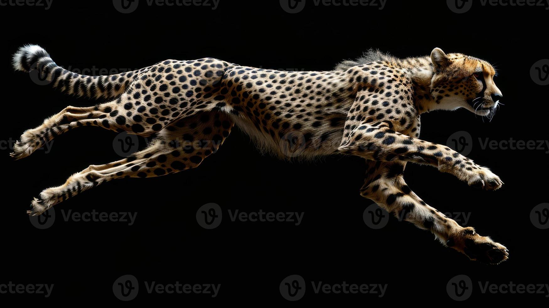 A cheetah is captured in mid leap, displaying its exceptional speed and agility. The animal's spots and muscular form are highlighted against a dark background, emphasizing its grace. photo