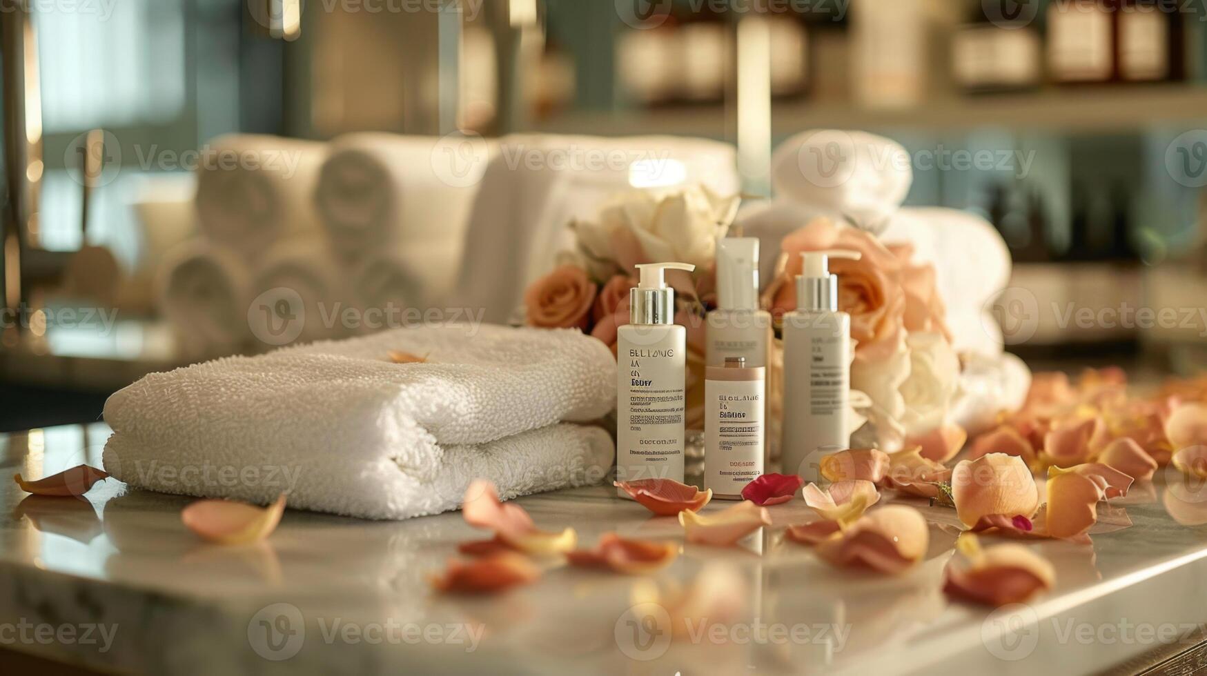 Soft white towels are neatly arranged beside skincare products on a marble surface, adorned with rose petals and delicate flowers, creating a tranquil spa atmosphere. photo