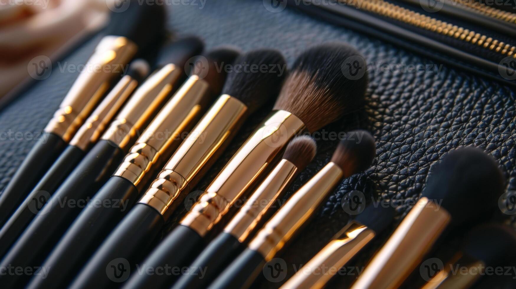 A set of carefully arranged makeup brushes with black handles and gold accents rests on a textured black leather case, showcasing various brush shapes for different applications. photo