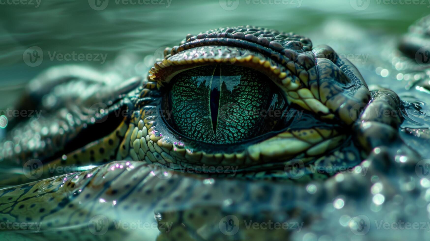 The intricate details of a crocodile's eye are highlighted as it partially surfaces in serene waters, showcasing vibrant colors and patterns against a tranquil backdrop. photo