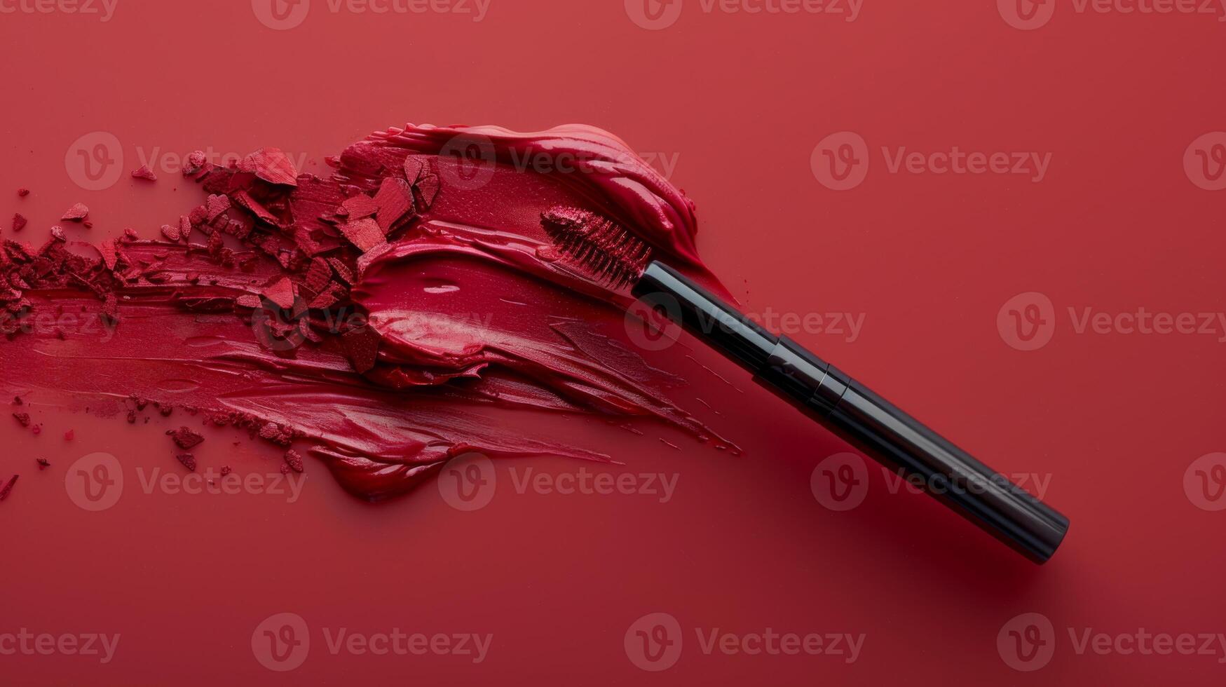 Vibrant red lip product and applicator are arranged artistically on a matching red surface, highlighting the textures and colors of makeup, ideal for beauty enthusiasts and professionals. photo