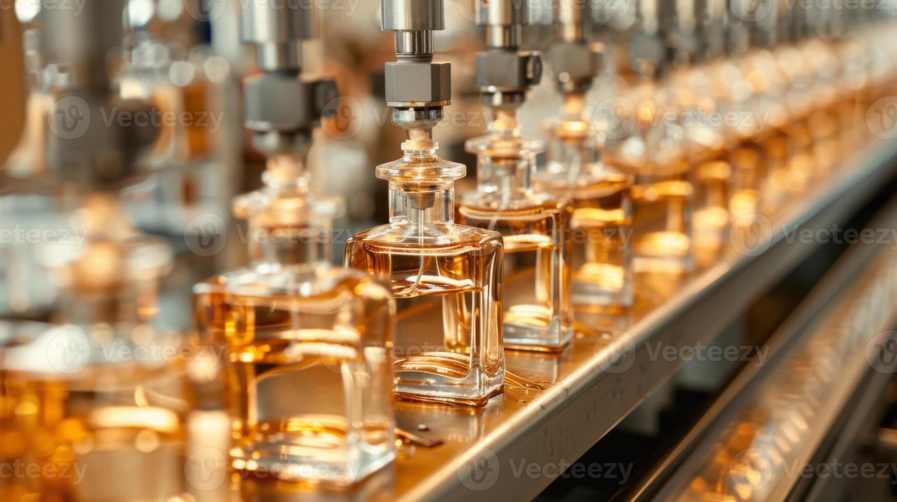 A busy production line fills glass perfume bottles with a golden fragrance. Machines operate smoothly, ensuring each bottle is accurately filled, showcasing modern manufacturing techniques. photo