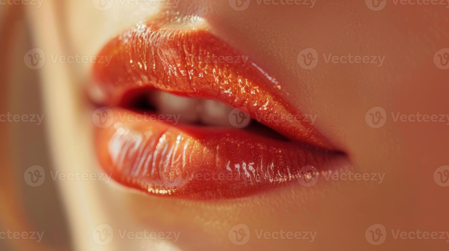 Bright orange lips glisten with a shiny finish in warm sunlight, highlighting a fresh and bold makeup choice that enhances natural beauty. photo