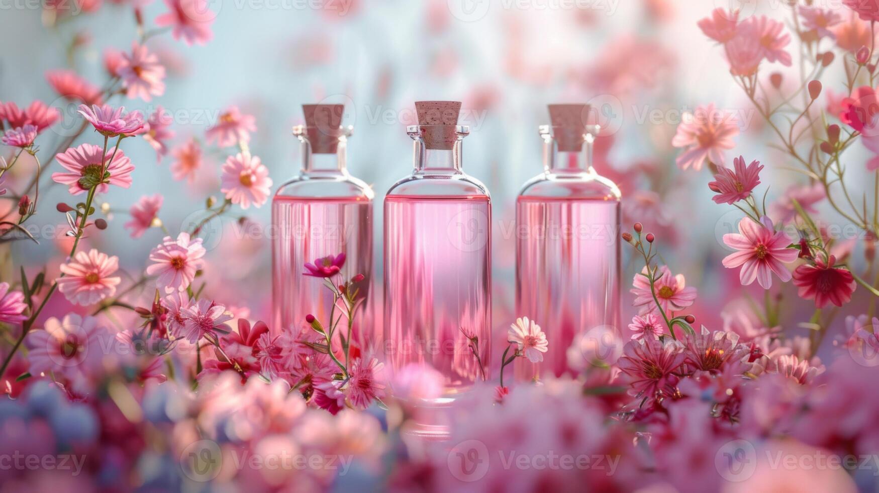 Three elegant glass bottles containing pink liquid stand amongst a vibrant array of flowers in a garden during early morning light, creating a serene atmosphere. photo