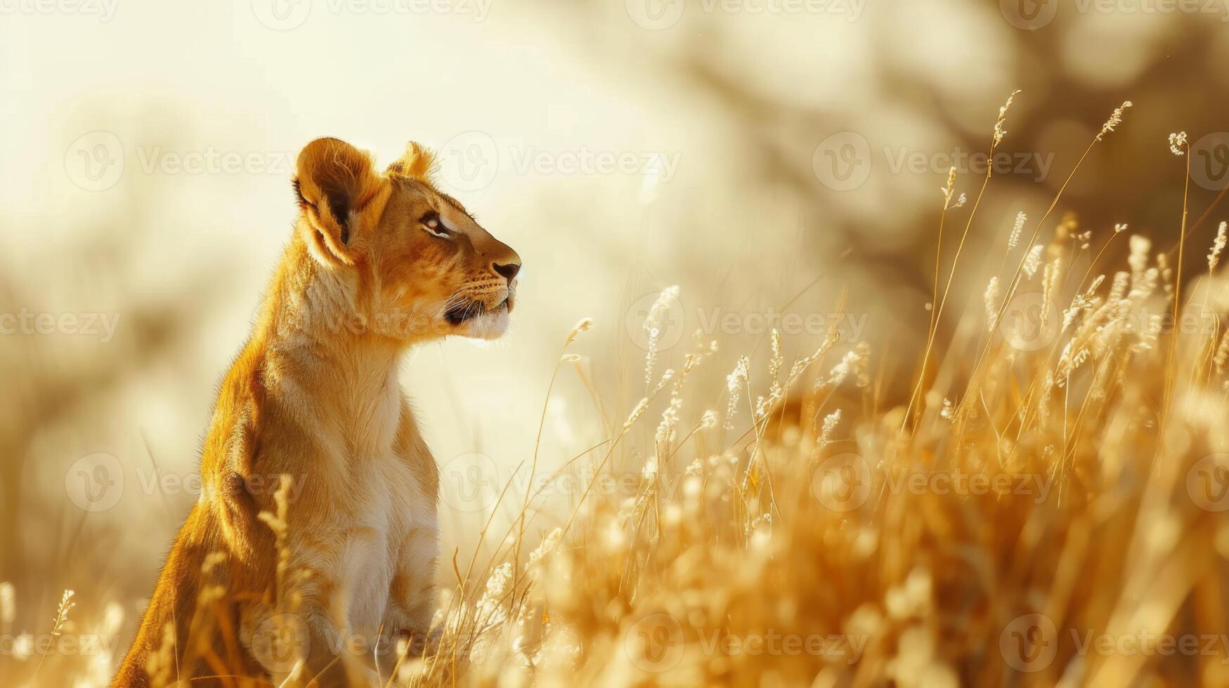 A lioness sits gracefully among tall, golden grass while observing her surroundings. The warm tones of the sunset create a serene atmosphere in the savannah. photo