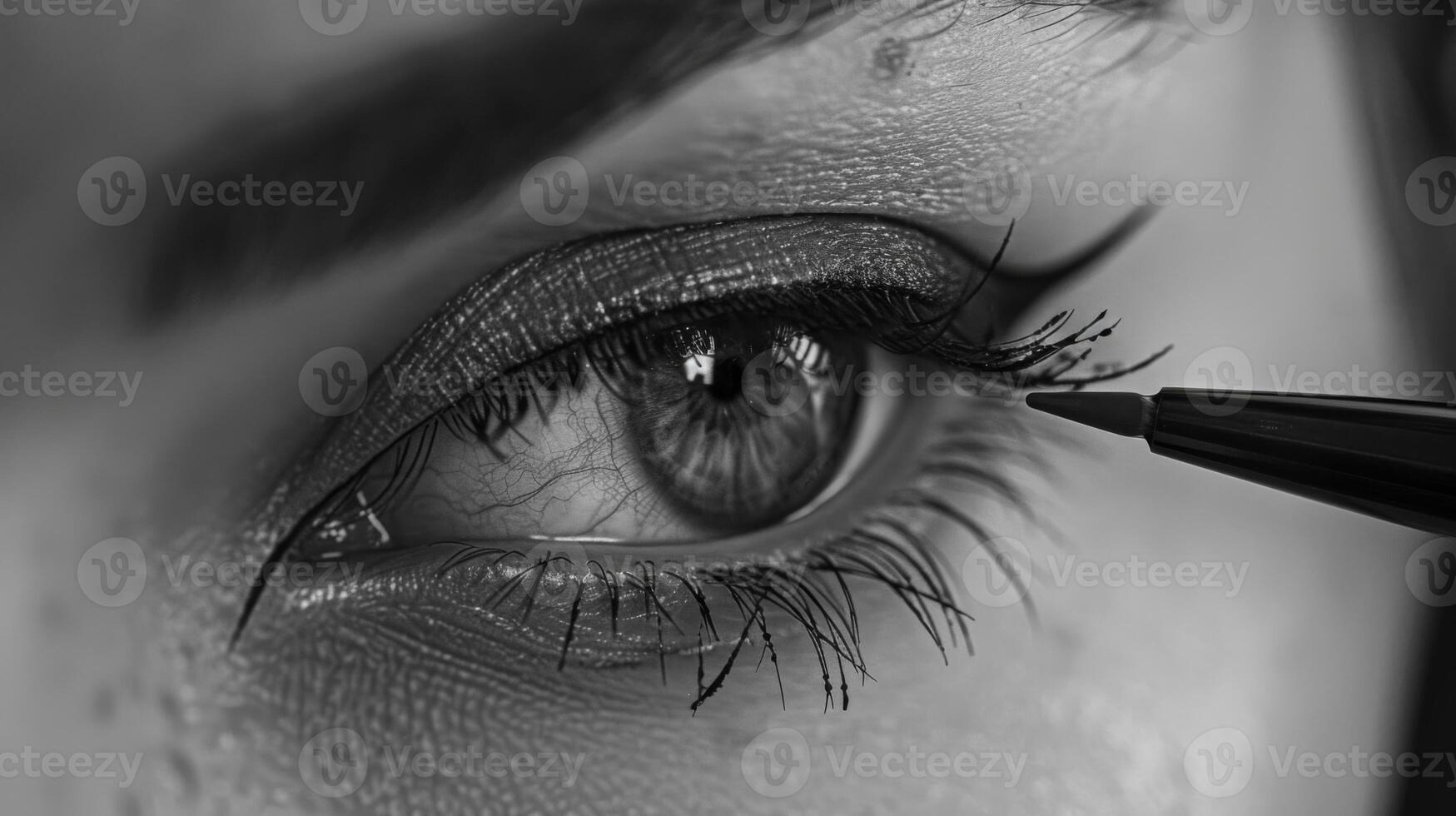 A woman focuses intently as she carefully applies eyeliner to her eyelashes, creating a dramatic look in a serene beauty environment with soft lighting. photo