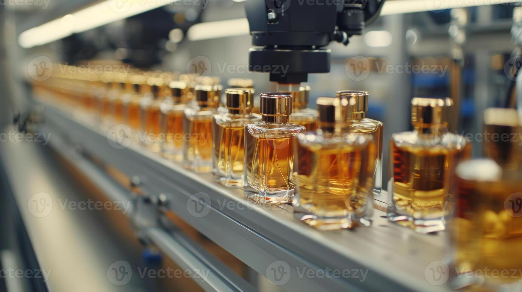 Bottles of amber colored perfume are moving along an assembly line in a modern factory, where machinery carefully processes each item in a fast paced environment. photo