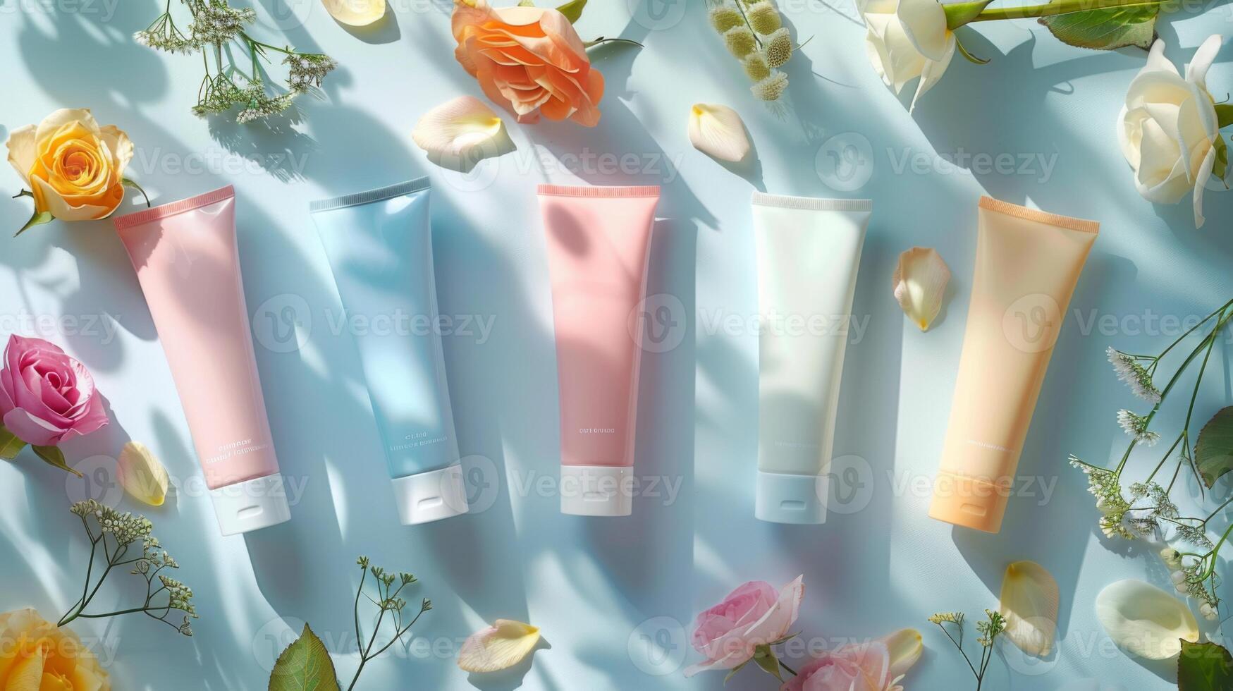 Five pastel colored skincare tubes are artfully placed among various roses and delicate petals, creating a vibrant, serene display with soft afternoon light illuminating the scene. photo