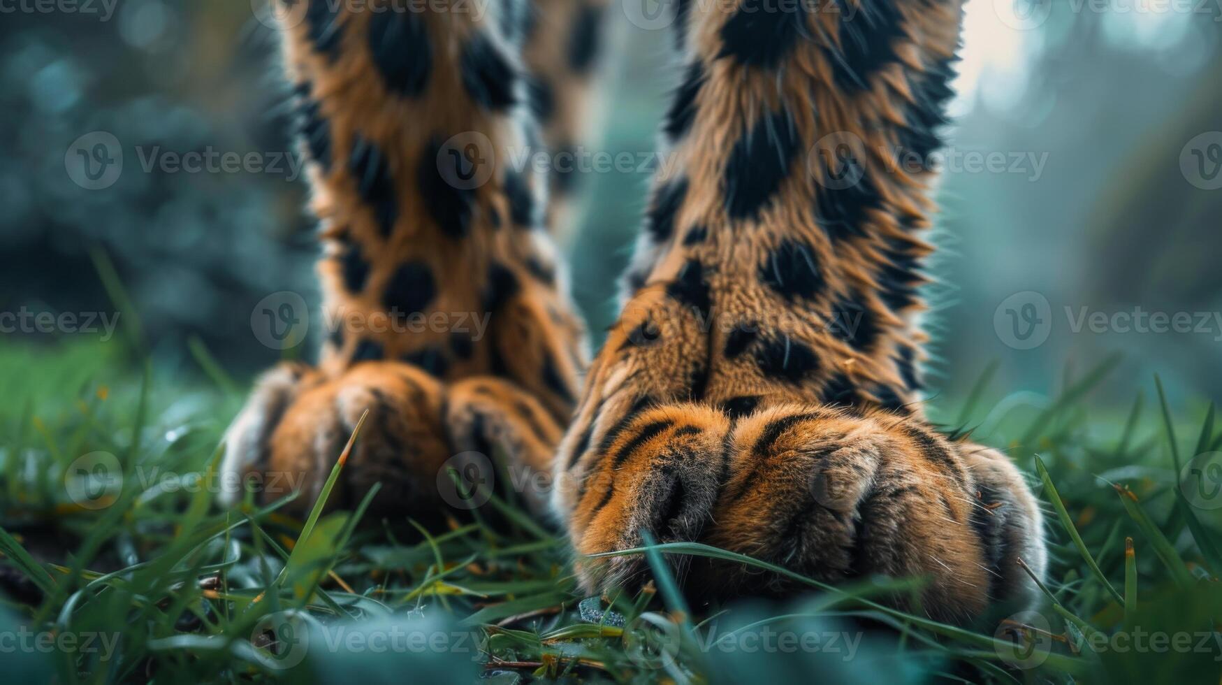 Leopard paws with distinct spots tread softly on dew kissed grass in a serene setting, surrounded by nature under a soft fog in the early morning light. photo