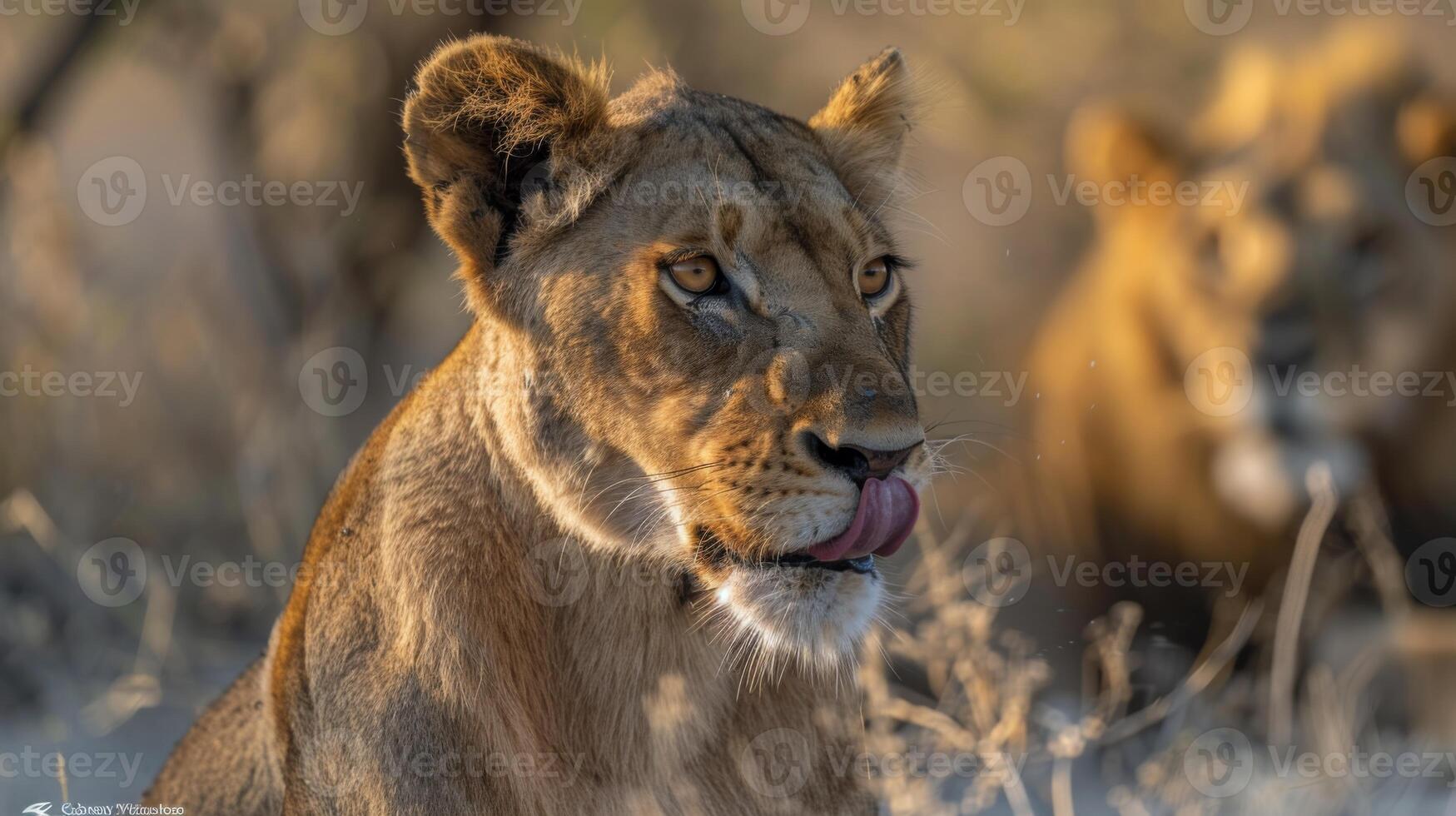 A lioness enjoys a moment of quiet in the early morning light, licking its lips, while another lion remains in the background, both surrounded by the savannah landscape. photo