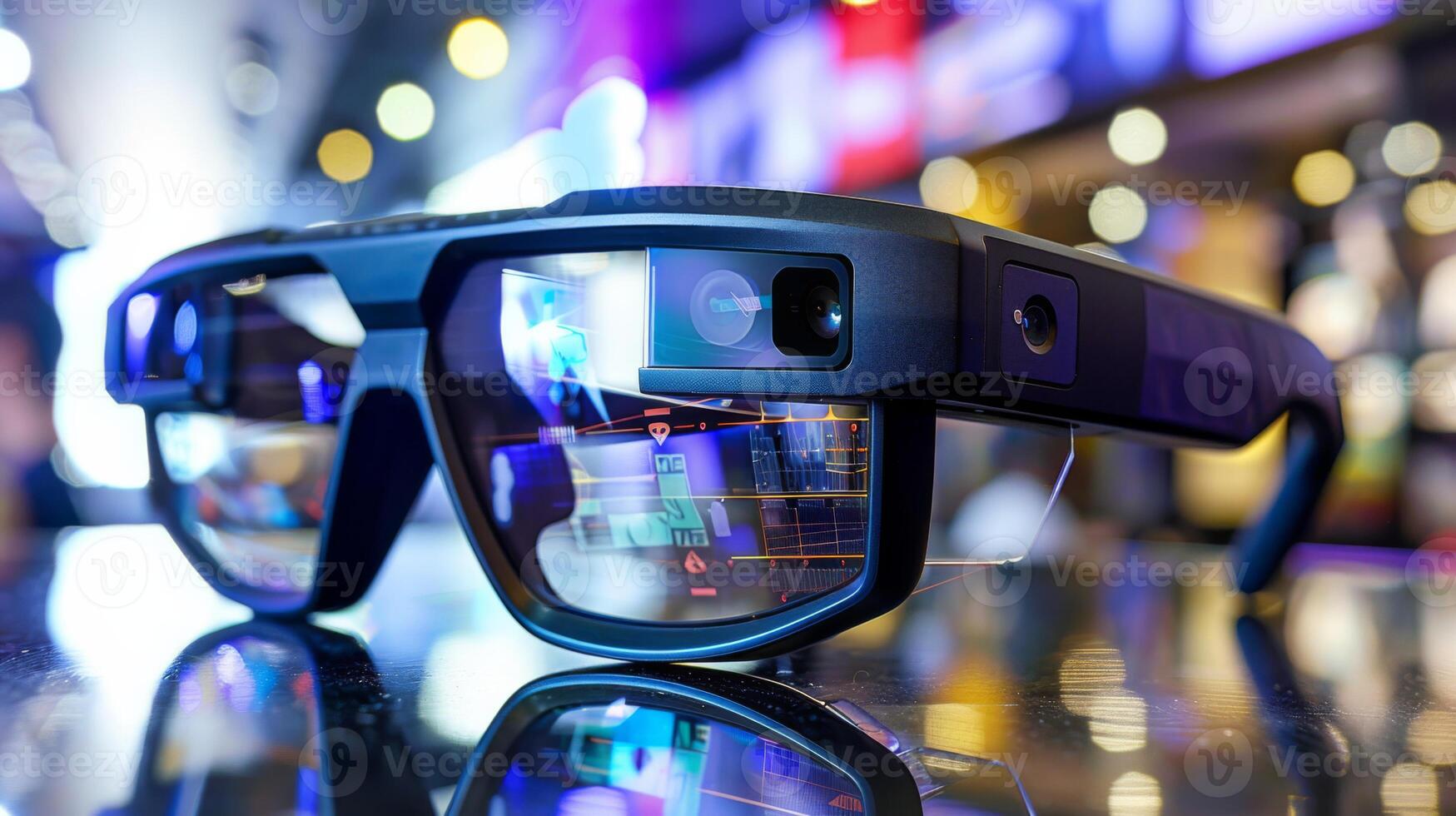 Innovative smart glasses are displayed in a lively retail environment filled with colorful lighting and digital screens, emphasizing their advanced features and modern design. photo