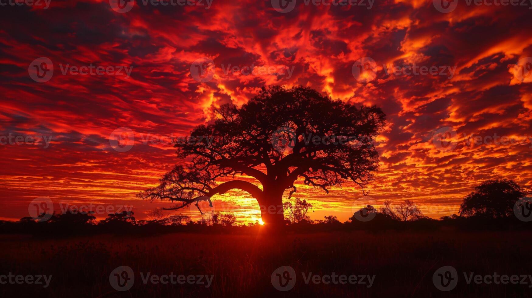 A vibrant orange and red sunset paints the sky behind a large, silhouetted tree, casting a striking profile against the colorful clouds in an African landscape at dusk. photo