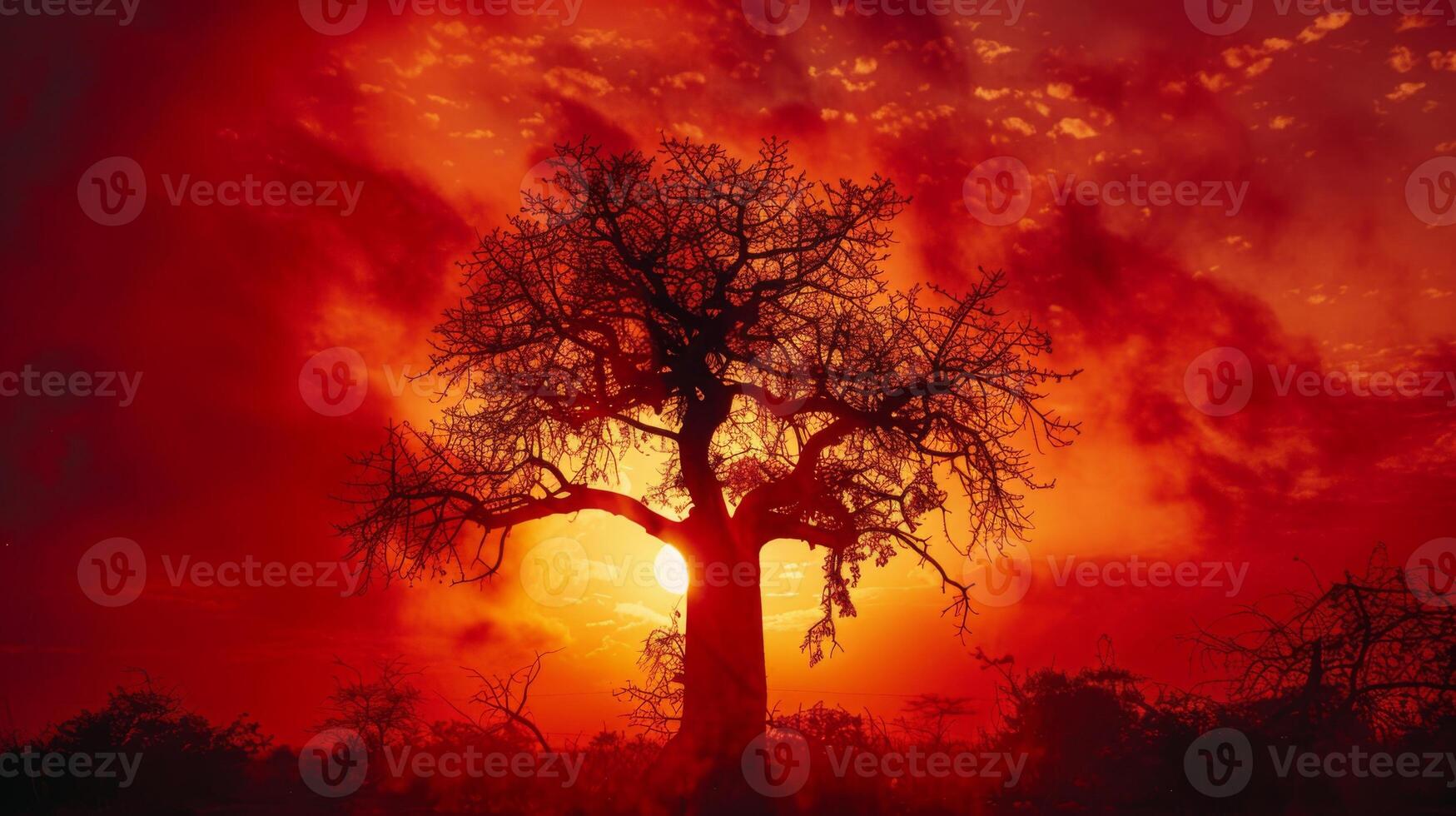 A lone baobab tree stands tall as the sun sets, casting a dark silhouette against an expansive sky filled with brilliant reds and oranges above the calm savanna landscape. photo