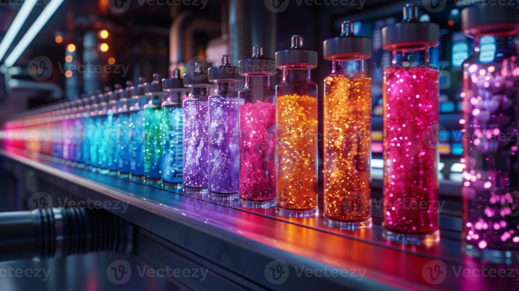 A line of glass vials, filled with sparkling liquids in various colors, shines brightly under the glow of vibrant lights in a modern laboratory setting. photo
