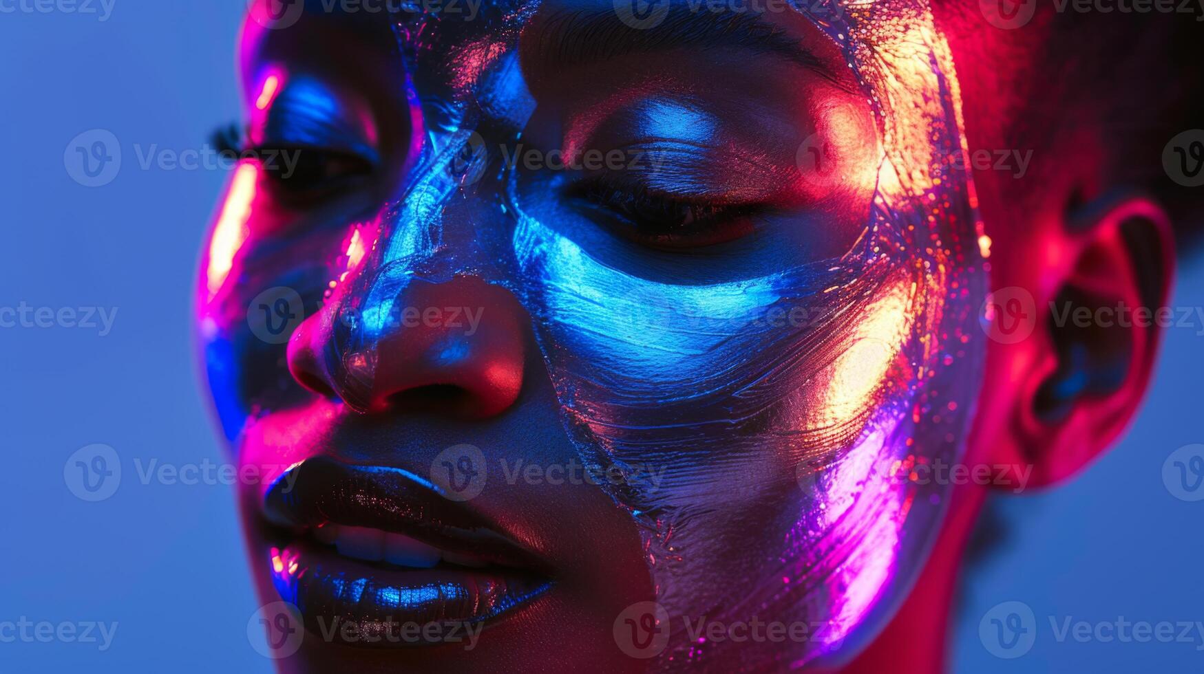 A woman displays intricate face art adorned with shimmering colors, illuminated by neon lights. This beauty demonstration highlights artistic expression and innovation. photo